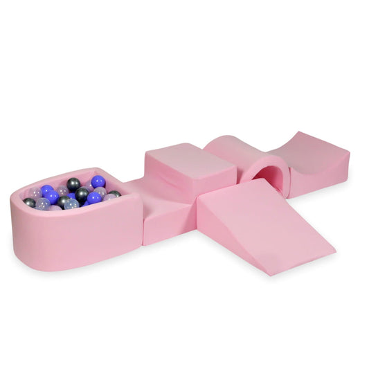 Jeu en mousse avec pont et micro-piscine rose poudré avec balles 100 pièces (rose perle, argent, transparent, chiné)