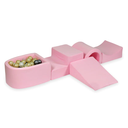 Ensemble de jeu en mousse avec pont et micro-piscine rose poudré avec balles 100 pièces (or clair, perle, argent, transparent)