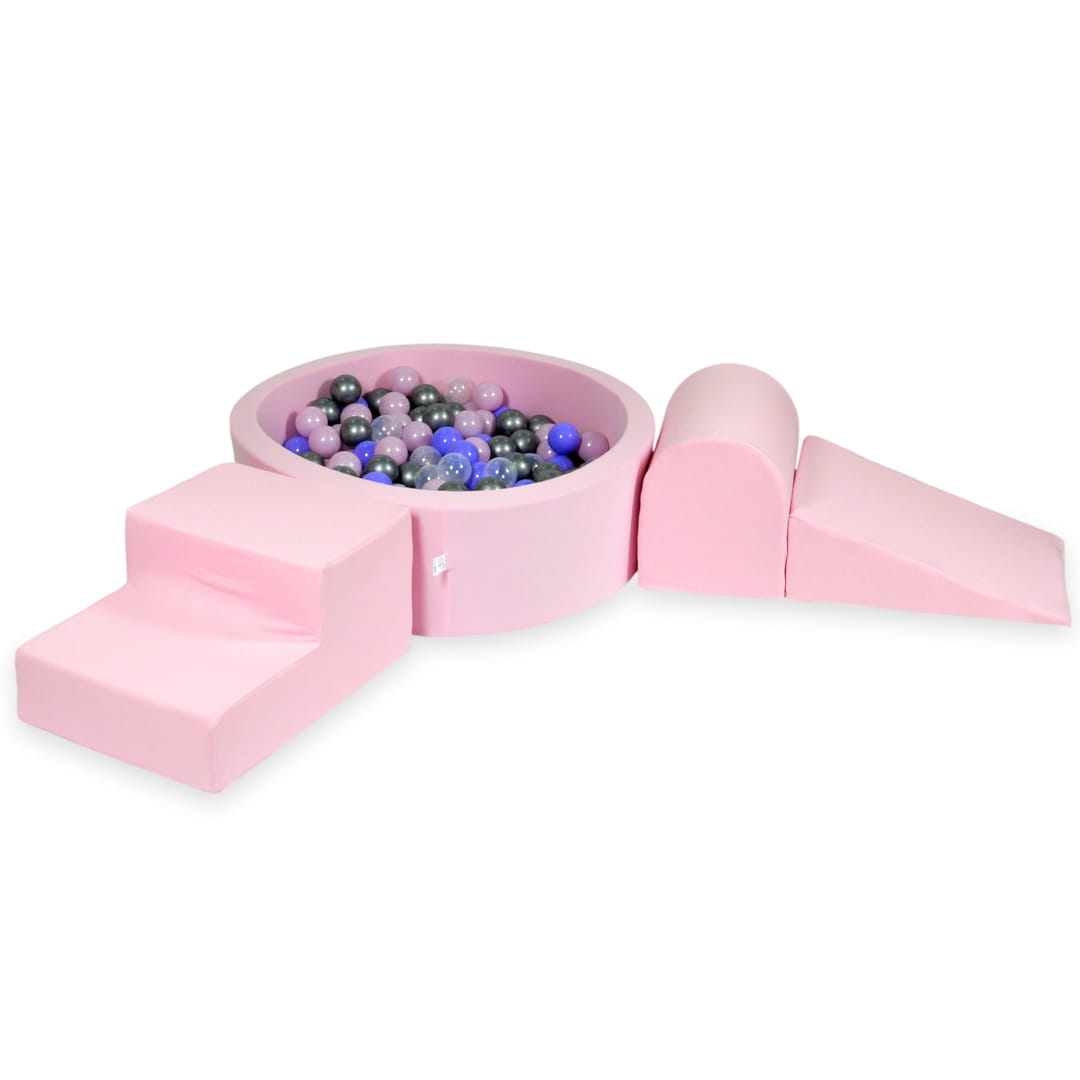 Ensemble de jeu en mousse avec piscine ronde 90x30 rose poudré avec balles 200 pcs (rose perle, argent, transparent, chiné)