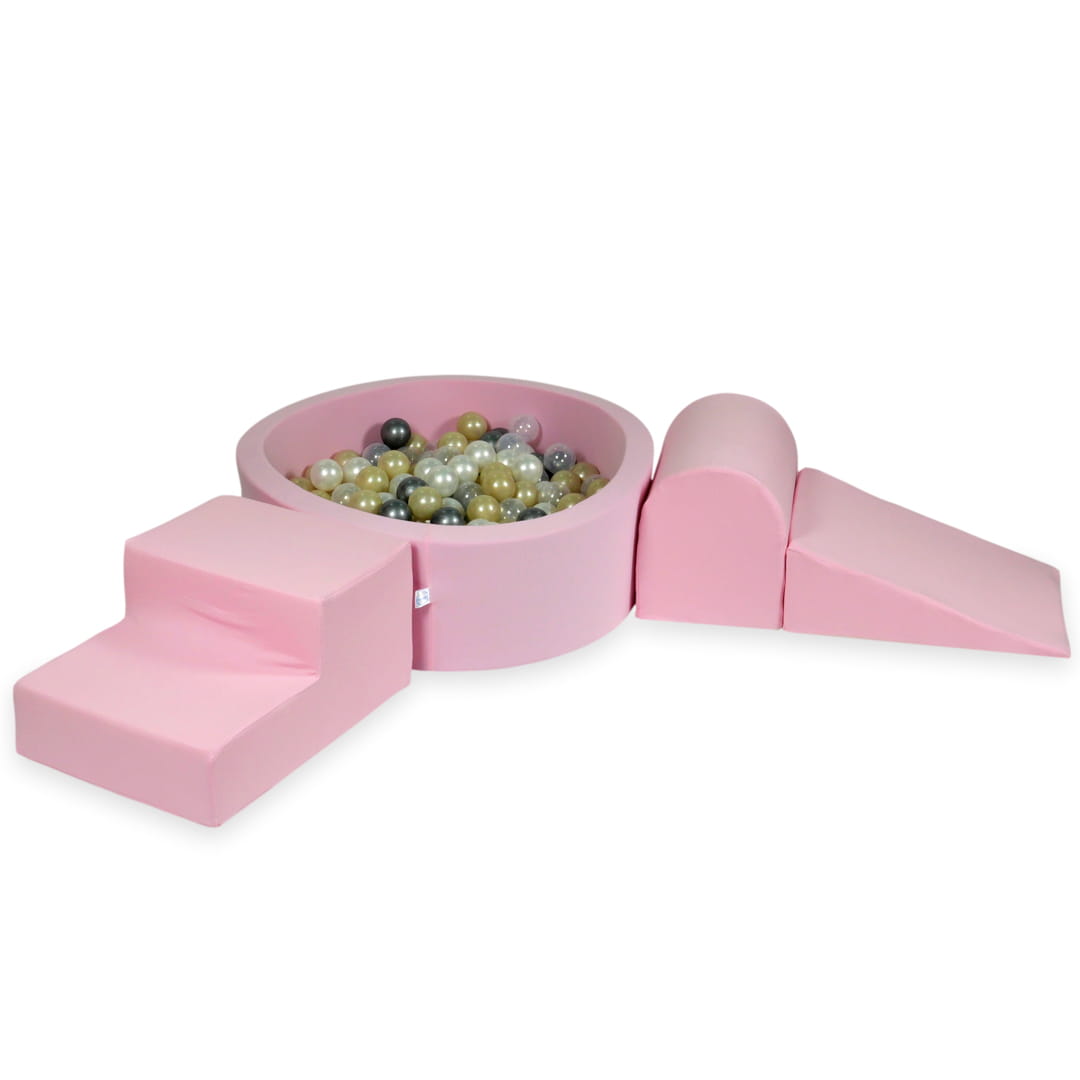 Ensemble de jeu en mousse avec piscine ronde 90x30 rose poudré avec balles 200 pcs (or clair, perle, argent, transparent)