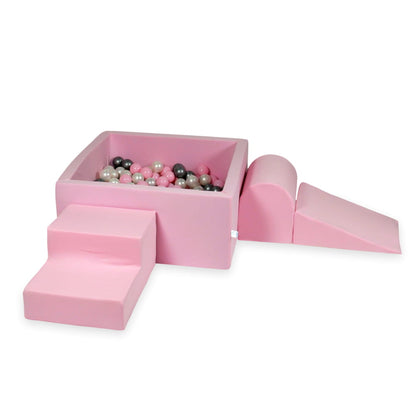 Ensemble de jeu en mousse avec piscine carrée 90x90x40 rose poudré avec balles 400 pièces (perle, argent, rose clair)