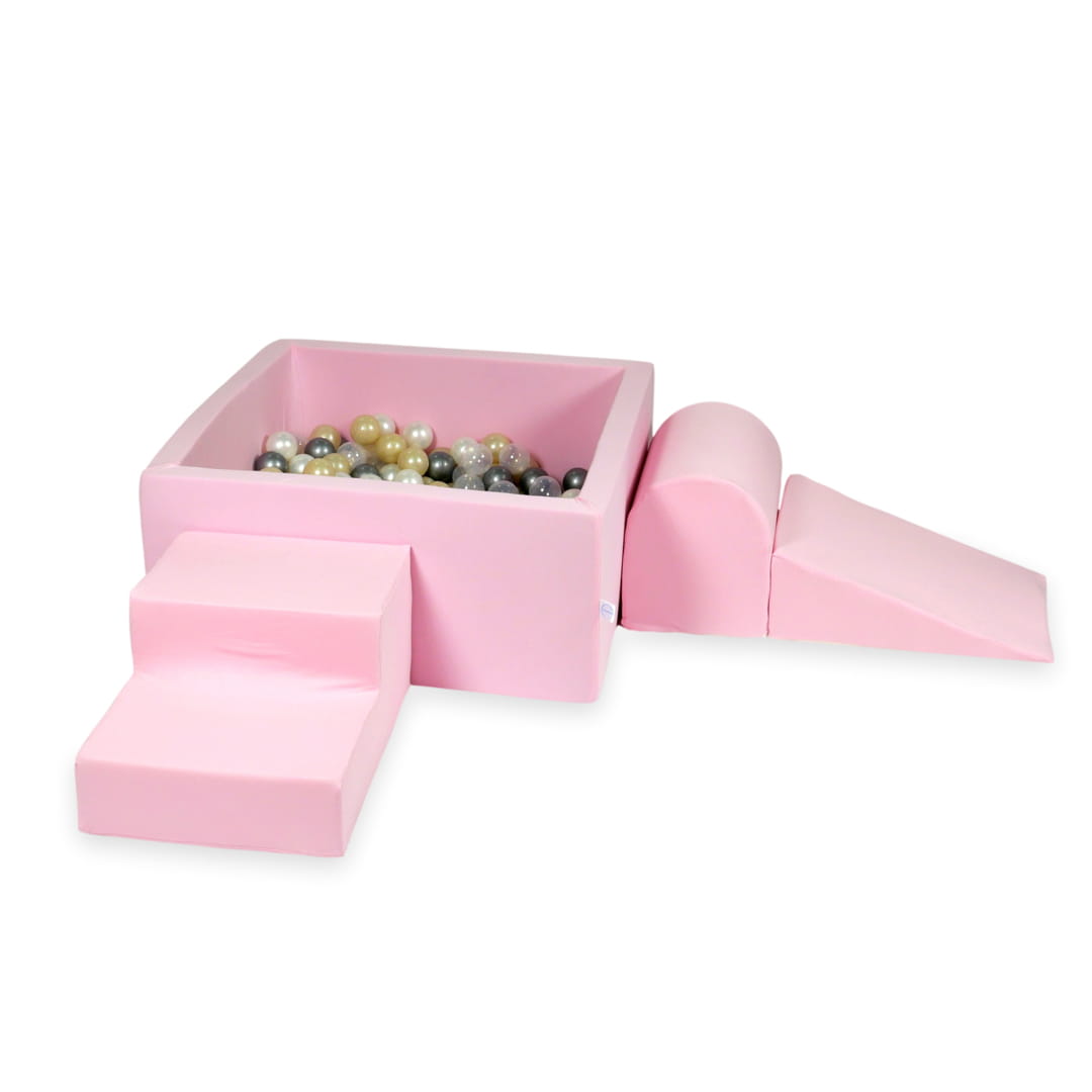 Ensemble de jeu en mousse avec piscine carrée 90x90x40 rose poudré avec balles 400 pcs (or clair, perle, argent, transparent)