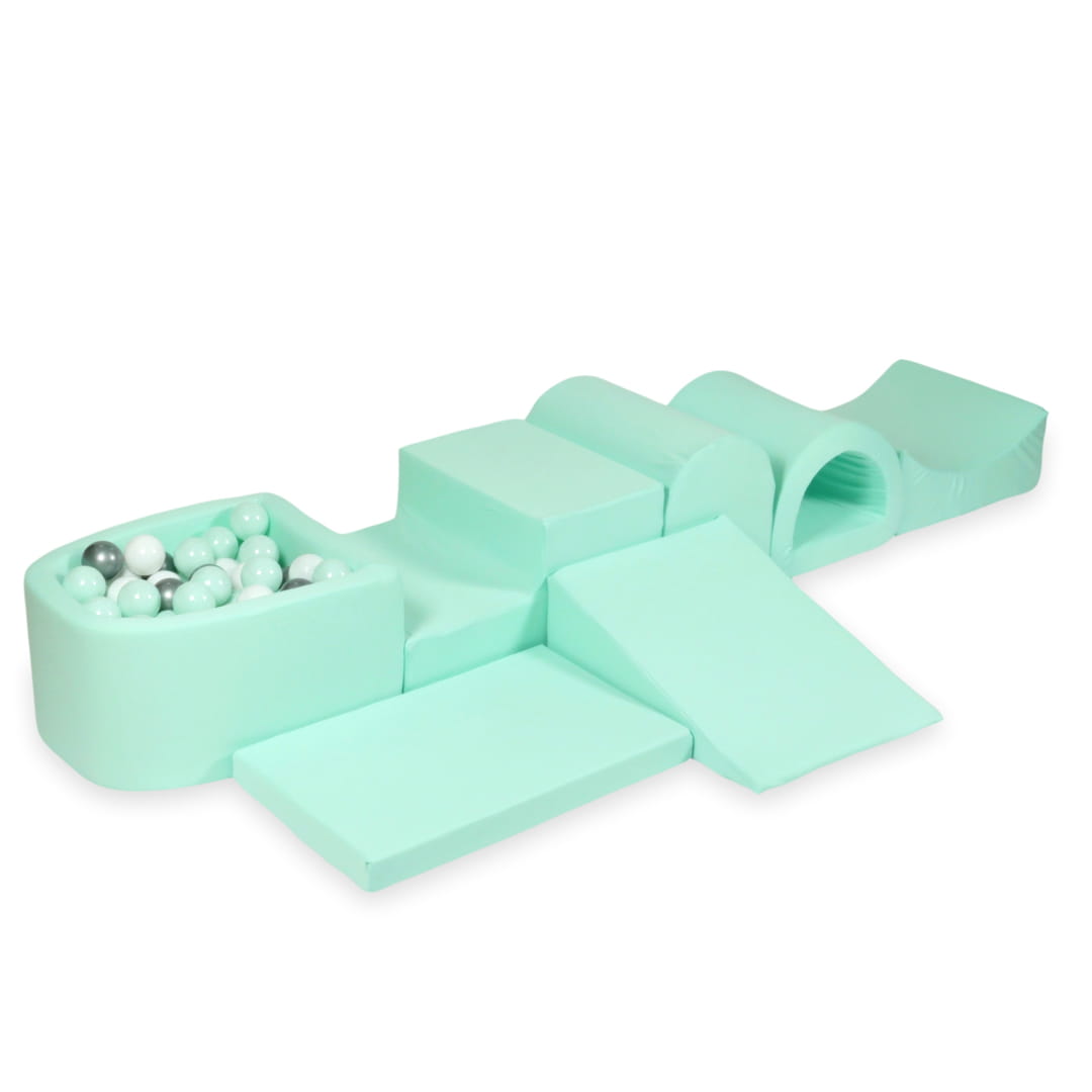 Aire de jeu en mousse avec micro piscine menthe avec balles 100 pièces (menthe claire, blanc, argent)