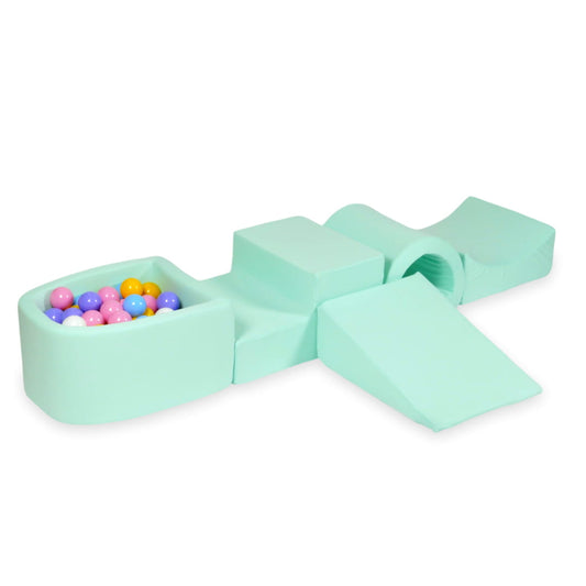 Ensemble de jeu en mousse avec pont et micro-piscine menthe avec balles 100 pièces (bleu clair, jaune, chiné, rose poudré, blanc)