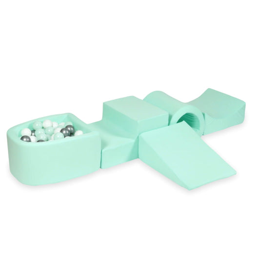 Ensemble de jeu en mousse avec pont et micro-piscine menthe avec balles 100 pièces (menthe clair, blanc, argent)