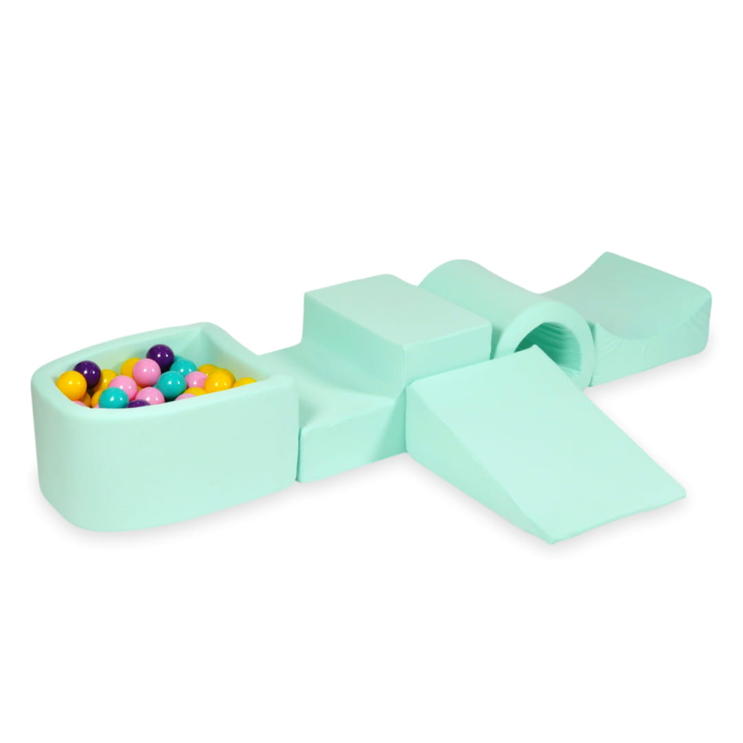 Jeu en mousse avec pont et micro-piscine menthe avec balles 100 pièces (violet, rose poudré, turquoise, jaune)