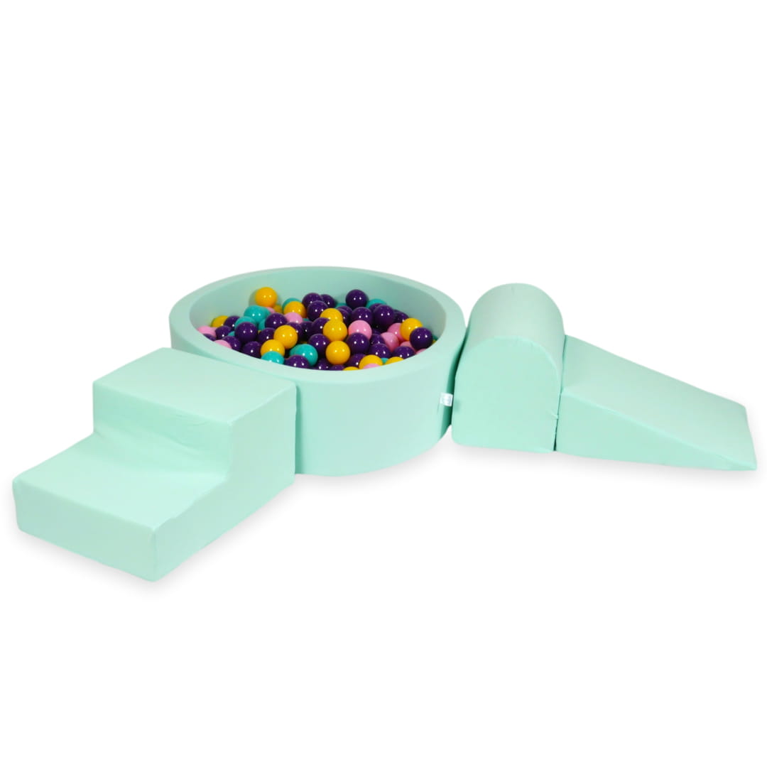 Ensemble de jeu en mousse avec piscine ronde 90x30 menthe avec balles 200 pcs (violet, rose poudré, turquoise, jaune)