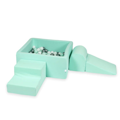 Ensemble de jeu en mousse avec piscine carrée 90x90x40 menthe avec balles 400 pièces (menthe clair, blanc, argent)