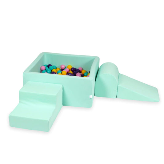 Ensemble de jeu en mousse avec piscine carrée 90x90x40 menthe avec balles 400 pcs (violet, rose poudré, turquoise, jaune)