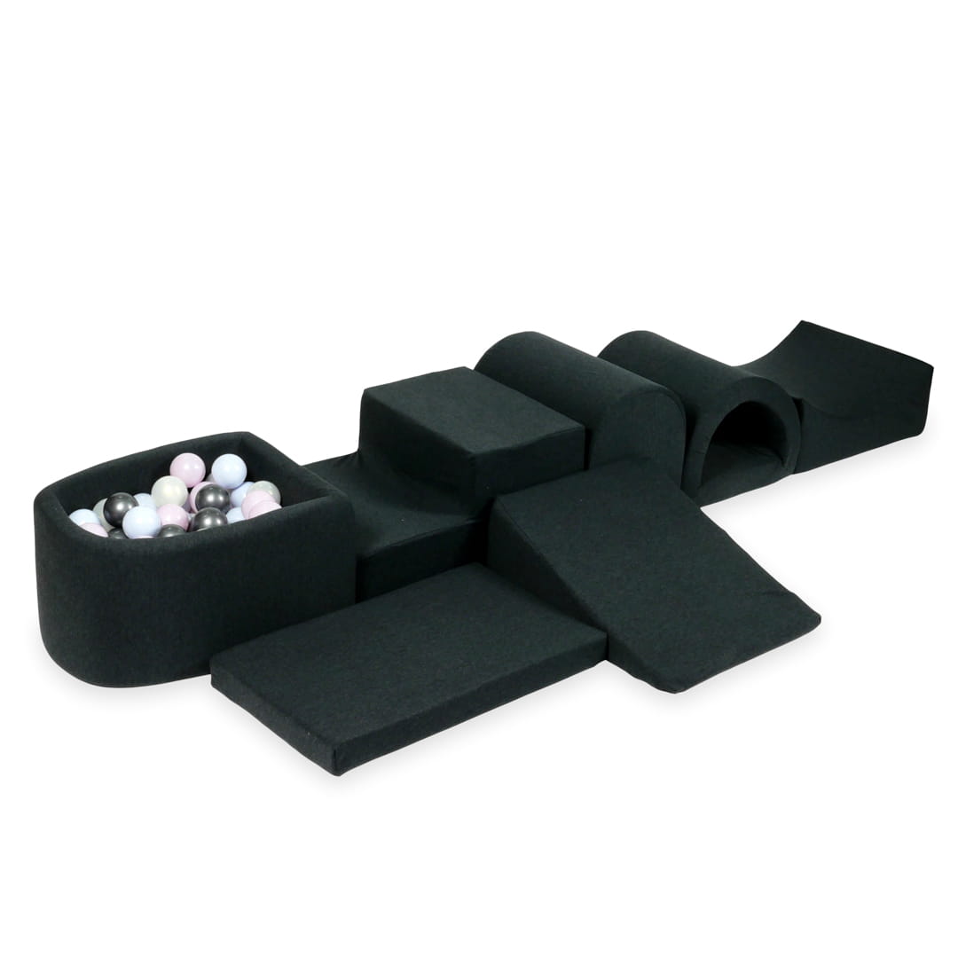 Aire de jeu en mousse avec micro piscine graphite avec balles 100 pièces (rose perle, bleu perle, graphite métallisé, effet sirène)