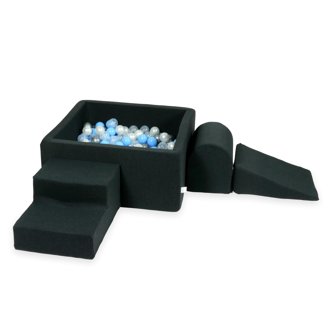 Ensemble de jeu en mousse avec piscine carrée 90x90x40 graphite avec balles 400 pièces (argent, bleu clair, perle, transparent)