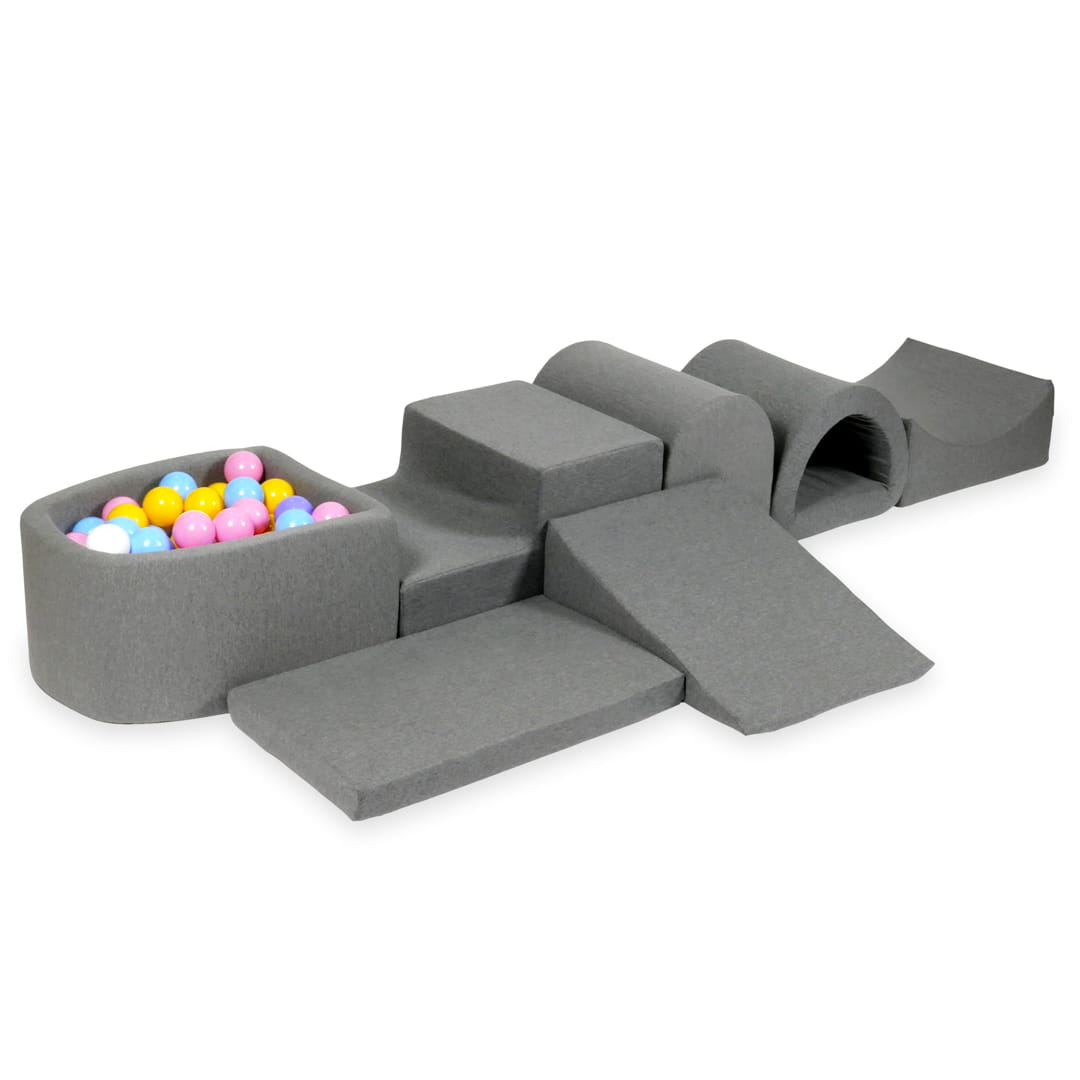 Aire de  jeu en mousse avec micro piscine gris avec balles 100 pièces (bleu clair, jaune, chiné, rose poudré, blanc)