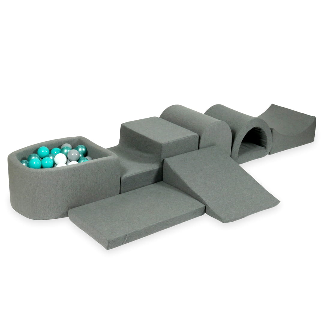 Aire de jeu en mousse avec micro piscine gris avec balles 100 pièces (turquoise métallisé, turquoise, gris, blanc)