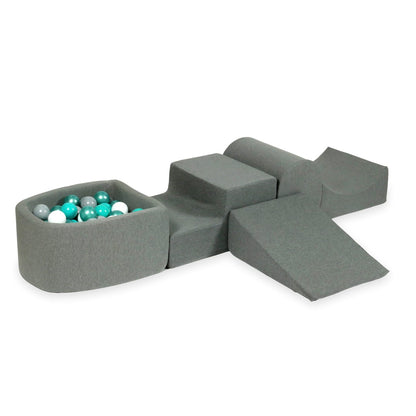 Ensemble de jeu en mousse avec colline et micro-piscine gris avec balles 100 pièces (turquoise métallisé, turquoise, gris, blanc)