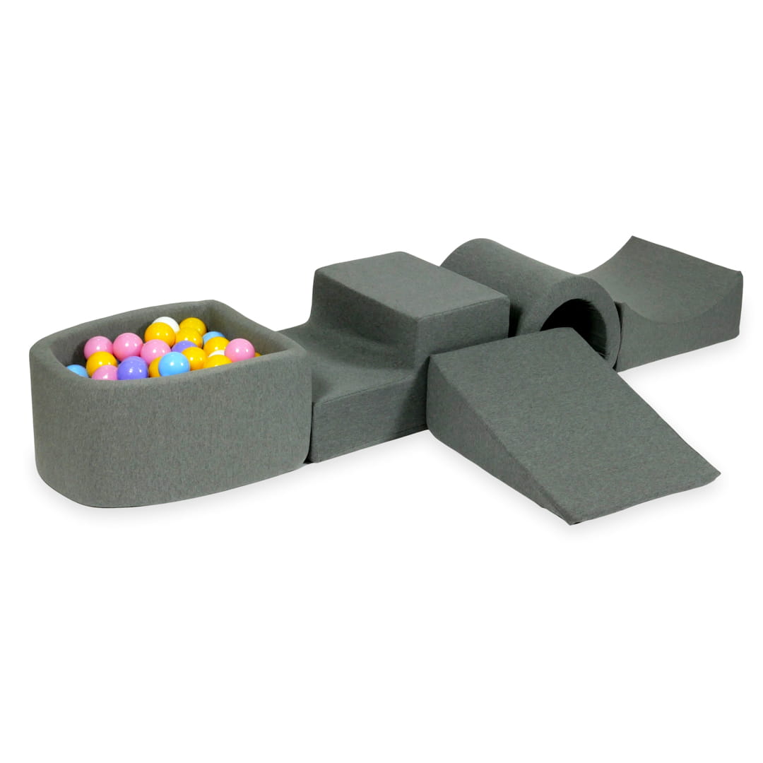 Ensemble de jeu en mousse avec pont et micro-piscine gris avec balles 100 pièces (bleu clair, jaune, chiné, rose poudré, blanc)