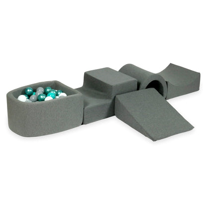 Ensemble de jeu en mousse avec pont et micro-piscine gris avec balles 100 pièces (turquoise métallisé, turquoise, gris, blanc)