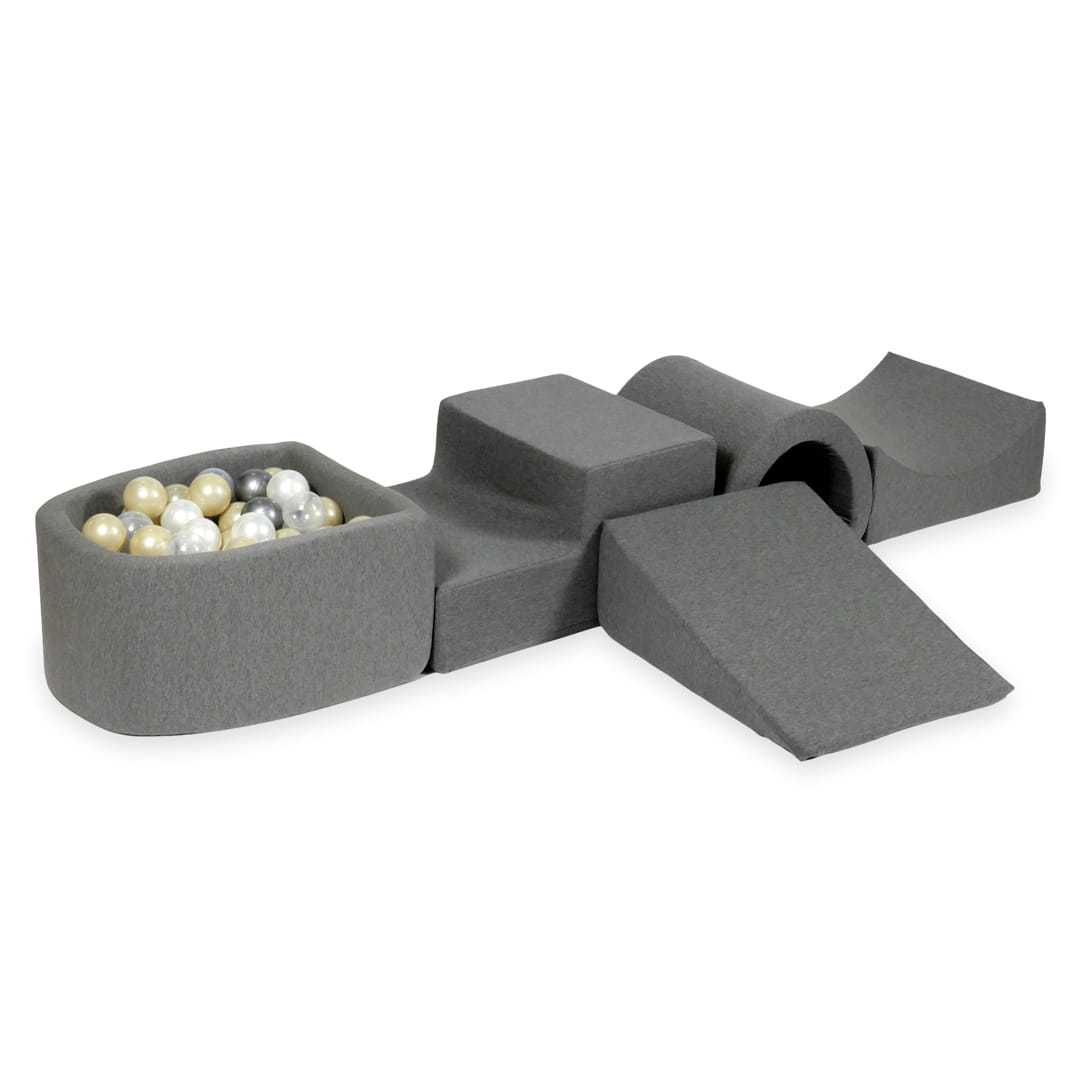Ensemble de jeu en mousse avec pont et micro-piscine gris avec balles 100 pièces (or clair, perle, argent, transparent)