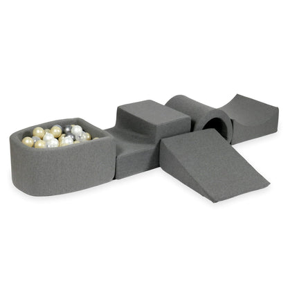 Ensemble de jeu en mousse avec pont et micro-piscine gris avec balles 100 pièces (or clair, perle, argent, transparent)