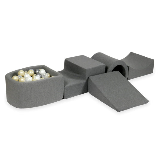 Ensemble de jeu en mousse avec pont et micro-piscine gris avec balles 100 pièces (or clair, perle, argent, transparent)