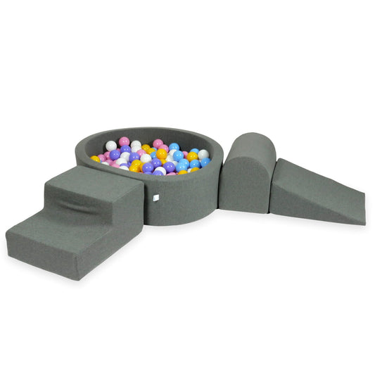 Ensemble de jeu en mousse avec piscine ronde 90x30 grise avec balles 200 pcs (bleu clair, jaune, chiné, rose poudré, blanc)