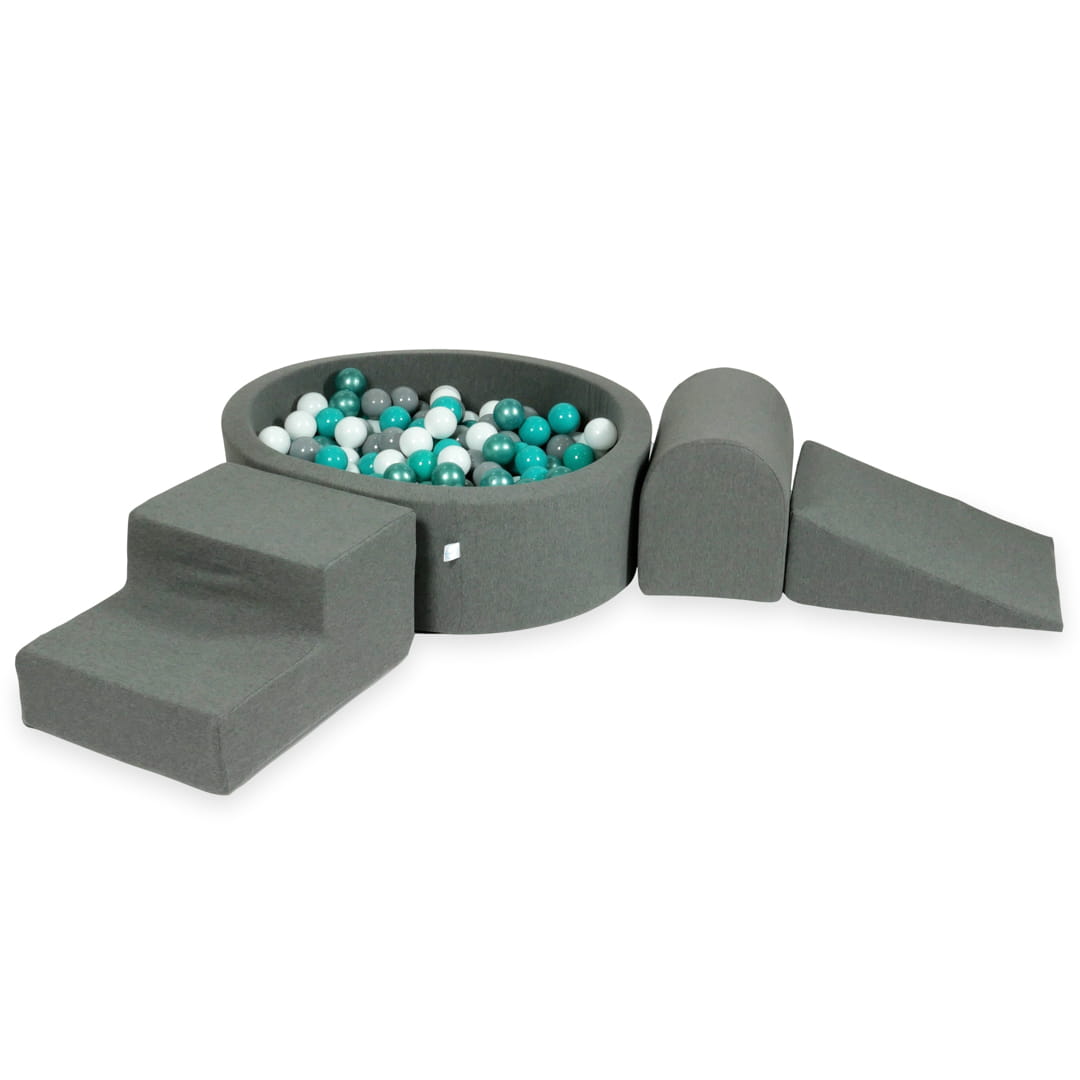 Ensemble de jeu en mousse avec piscine ronde 90x30 grise avec balles 200 pcs (turquoise métallisé, turquoise, gris, blanc)