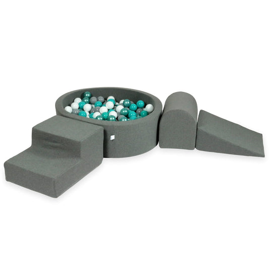 Ensemble de jeu en mousse avec piscine ronde 90x30 grise avec balles 200 pcs (turquoise métallisé, turquoise, gris, blanc)