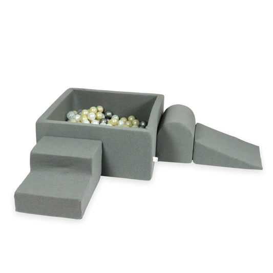 Ensemble de jeu en mousse avec piscine carrée 90x90x40 gris avec balles 400 pièces (or clair, perle, argent, transparent)