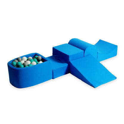 Ensemble de jeu en mousse avec colline et micro-piscine bleu avec balles 100 pièces (turquoise, blanc, gris)