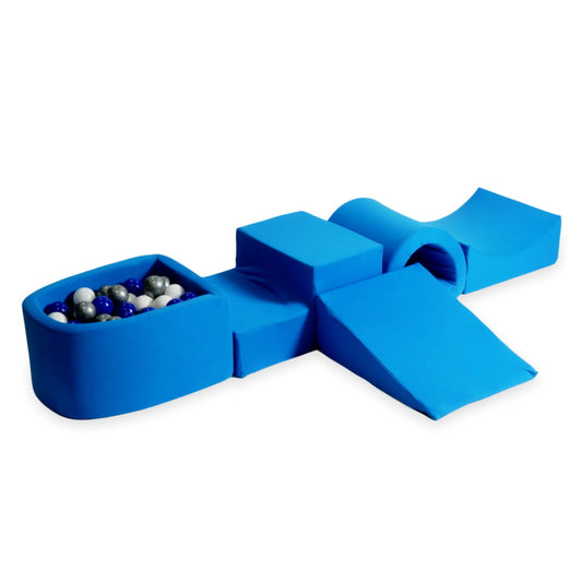 Ensemble de jeu en mousse avec pont et micro-piscine bleu avec balles 100 pièces (bleu, argent, blanc)