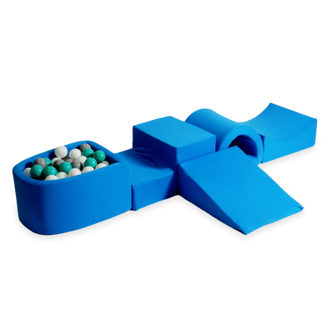 Ensemble de jeu en mousse avec pont et micro-piscine bleu avec balles 100 pièces (turquoise, blanc, gris)