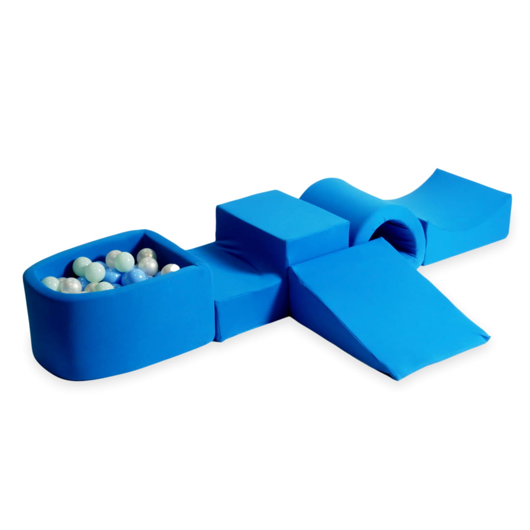 Ensemble de jeu en mousse avec pont et micro-piscine bleu avec balles 100 pièces (bleu clair, menthe clair, perle, effet sirène)
