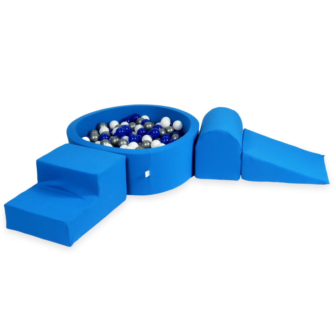 Ensemble de jeu en mousse avec piscine ronde 90x30 bleue avec balles 200 pièces (bleu, argent, blanc)