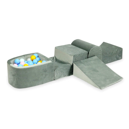 Ensemble de jeu en mousse avec colline et micro-piscine velours gris avec balles 100 pièces (menthe clair, rose clair, bleu clair, perle, jaune)