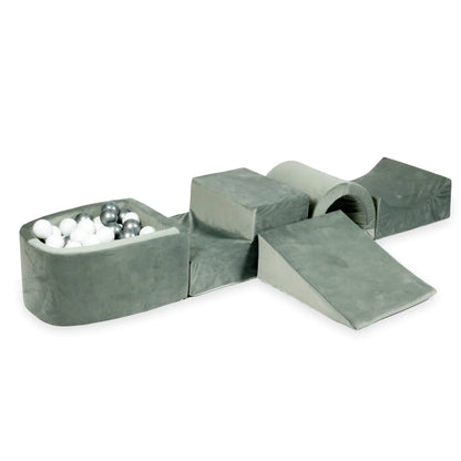 Ensemble de jeu en mousse avec pont et micro piscine velours gris avec balles 100 pièces (blanc, argent)