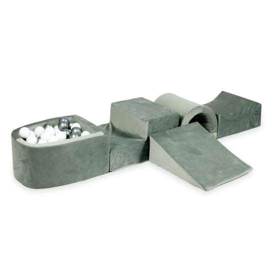 Ensemble de jeu en mousse avec pont et micro piscine velours gris avec balles 100 pièces (blanc, argent)