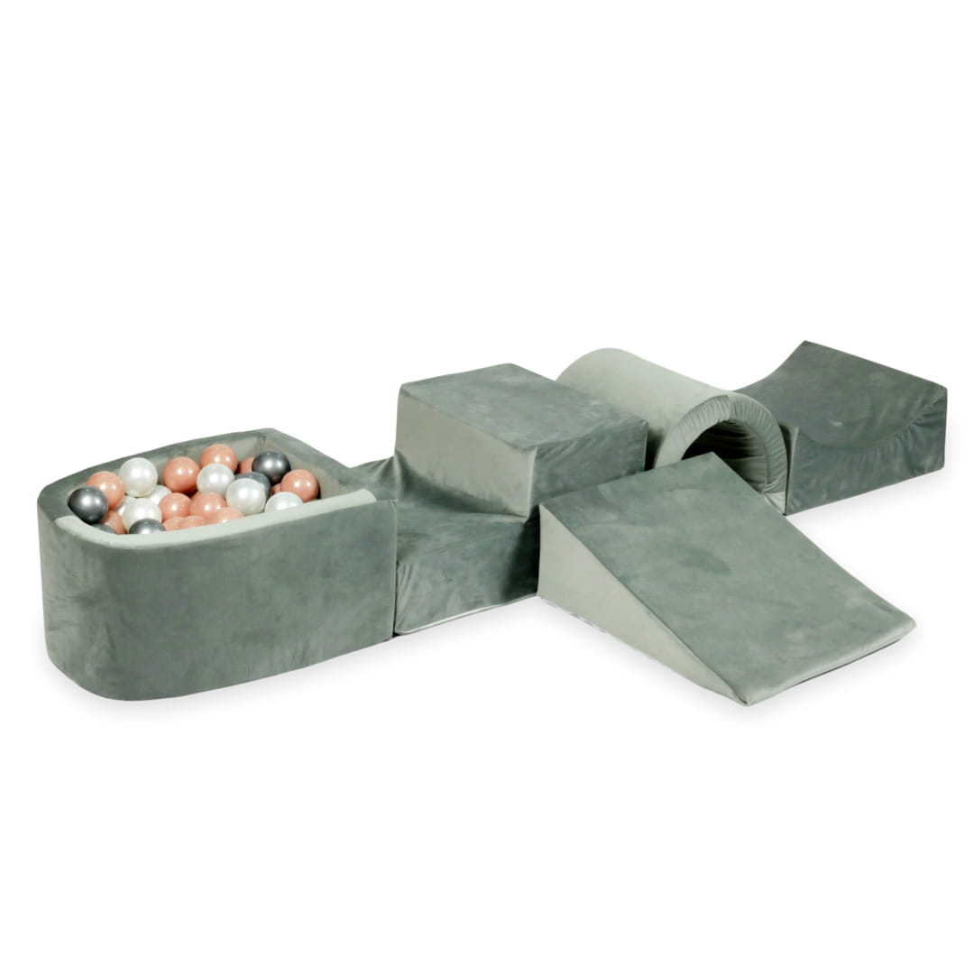 Ensemble de jeu en mousse avec pont et micro-piscine velours gris avec balles 100 pièces (argent, perle, or rose)