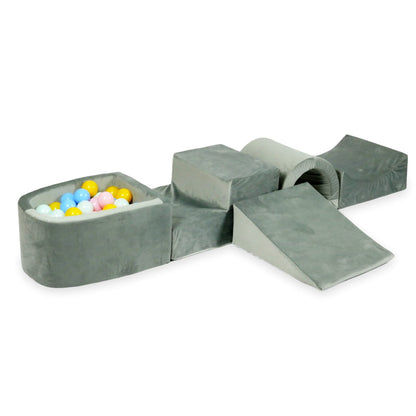 Ensemble de jeu en mousse avec pont et micro-piscine velours gris avec balles 100 pièces (menthe clair, rose clair, bleu clair, perle, jaune)