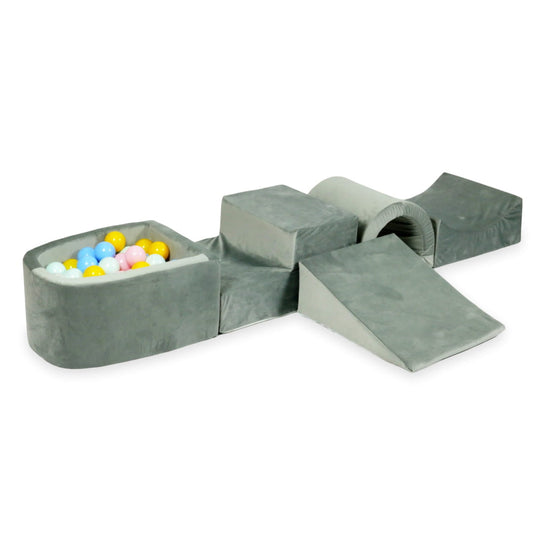Ensemble de jeu en mousse avec pont et micro-piscine velours gris avec balles 100 pièces (menthe clair, rose clair, bleu clair, perle, jaune)