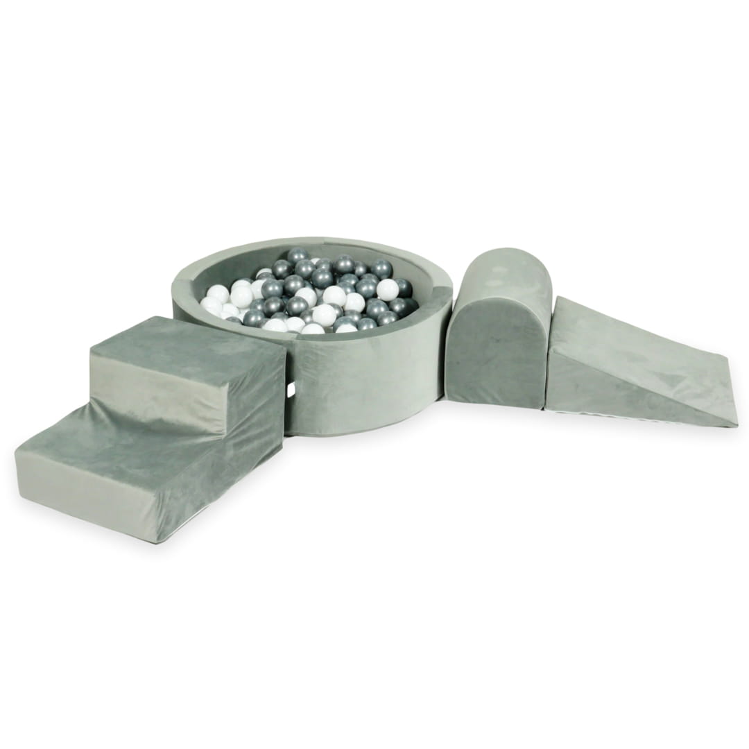 Ensemble de jeu en mousse avec piscine ronde 90x30 velours gris avec balles 200 pièces (blanc, argent)