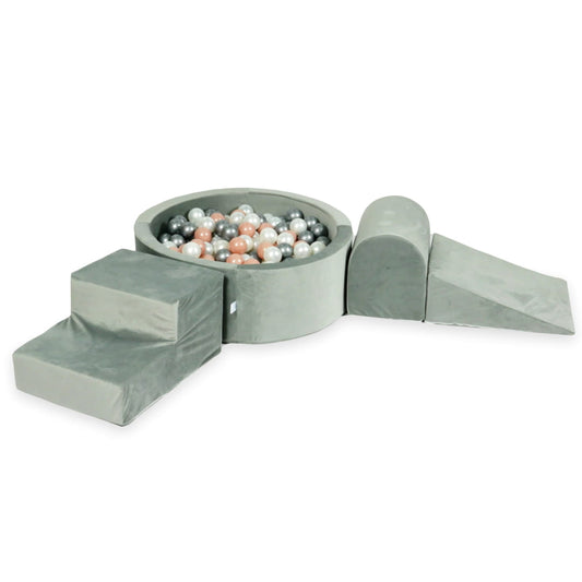 Ensemble de jeu en mousse avec piscine ronde 90x30 velours gris avec balles 200 pièces (argent, perle, or rose)