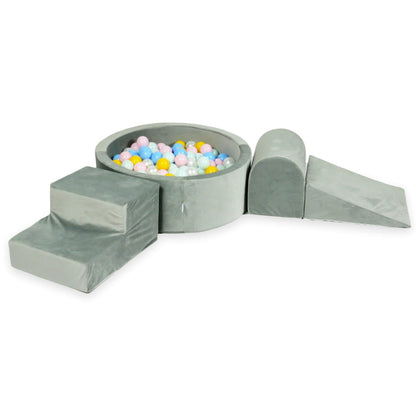 Ensemble de jeu en mousse avec piscine ronde 90x30 gris velours avec balles 200 pcs (menthe clair, rose clair, bleu clair, perle, jaune)