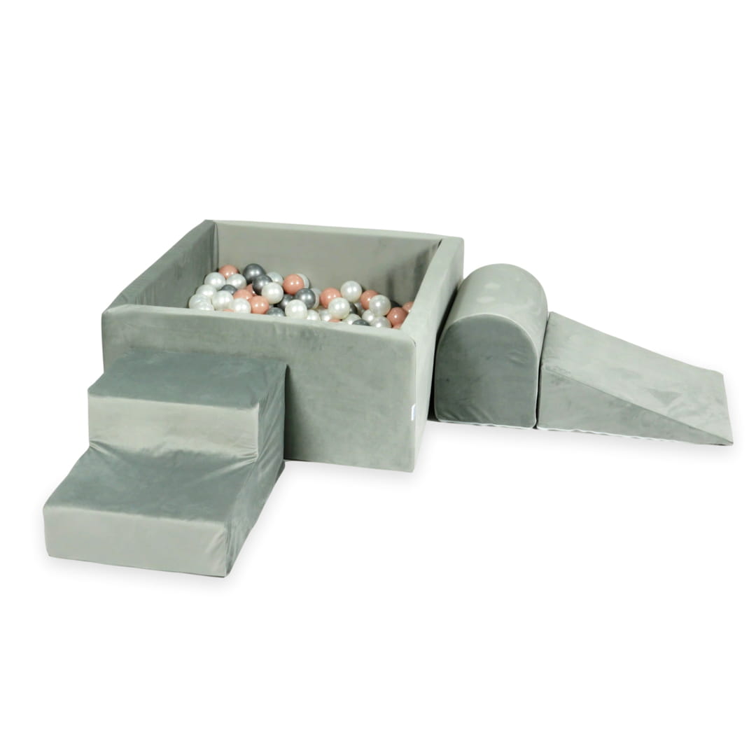 Ensemble de jeu en mousse avec piscine carrée 90x90x40 gris velours avec balles 400 pièces (argent, perle, or rose)