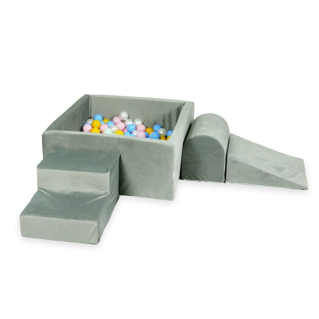 Ensemble de jeu en mousse avec piscine carrée 90x90x40 gris velours avec balles 400 pièces (menthe clair, rose clair, bleu clair, perle, jaune)