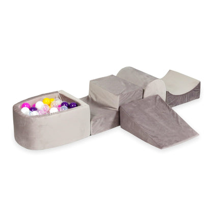 Ensemble de jeu en mousse avec colline et micro-piscine velours lila avec balles 100 pièces (violet, rose, jaune, blanc, transparent)