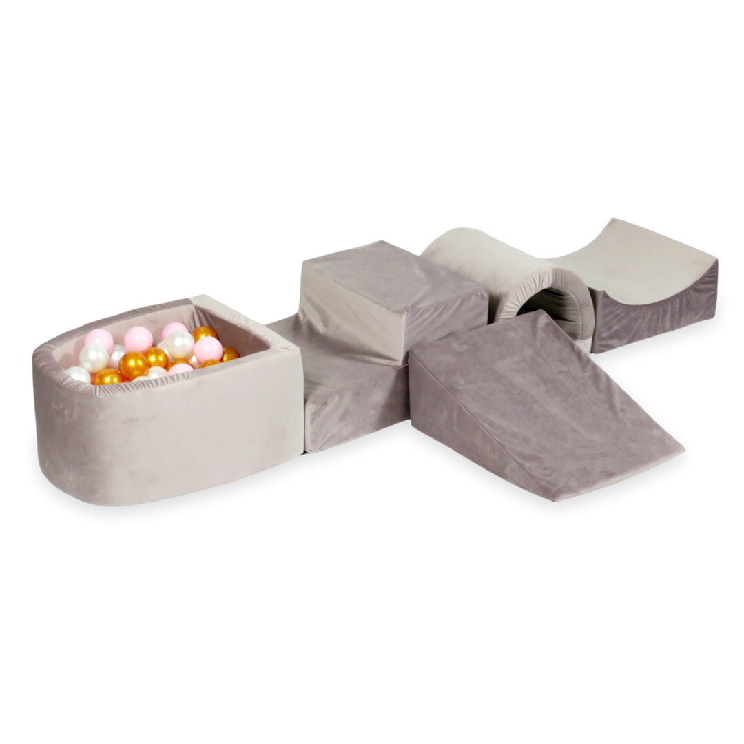 Ensemble de jeu en mousse avec pont et micro piscine velours lila avec balles 100 pièces (or, rose clair, perle)