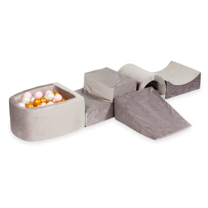 Ensemble de jeu en mousse avec pont et micro piscine velours lila avec balles 100 pièces (or, rose clair, perle)