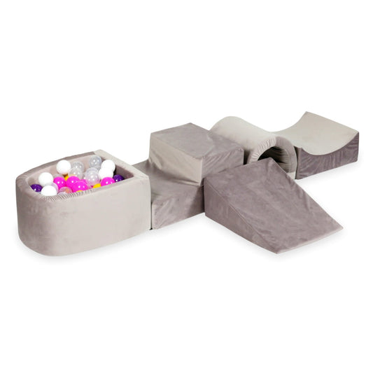 Ensemble de jeu en mousse avec pont et micro piscine velours lila avec balles 100 pièces (violet, rose, jaune, blanc, transparent)