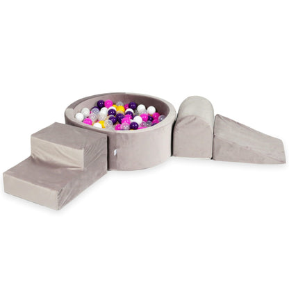 Ensemble de jeu en mousse avec piscine ronde 90x30 velours lila avec balles 200 pcs (violet, rose, jaune, blanc, transparent)