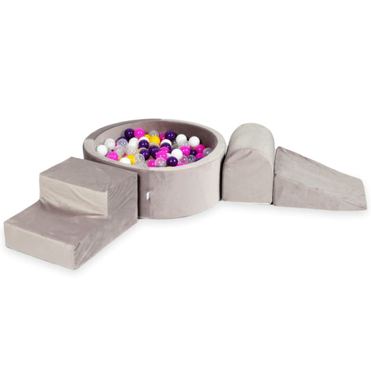 Ensemble de jeu en mousse avec piscine ronde 90x30 velours lila avec balles 200 pcs (violet, rose, jaune, blanc, transparent)