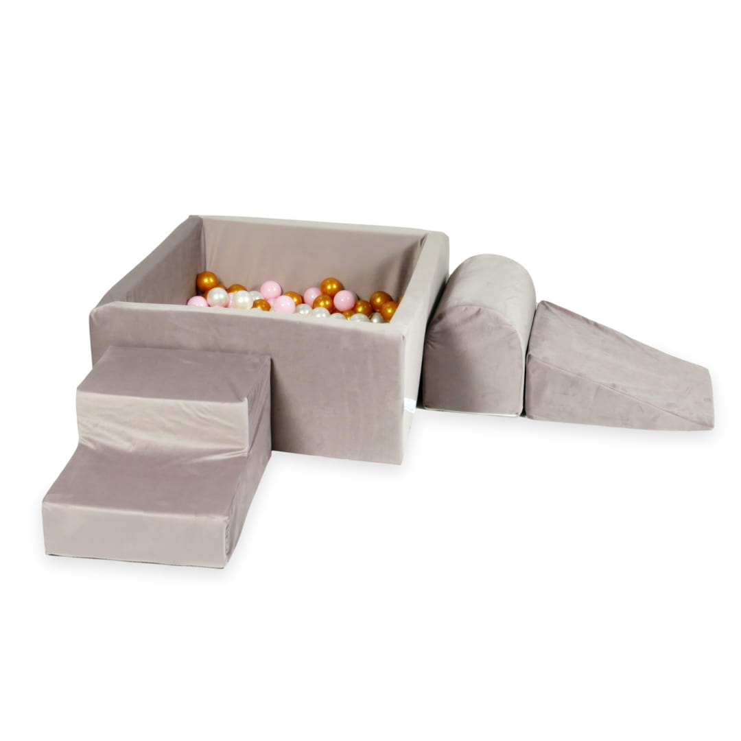 Ensemble de jeu en mousse avec piscine carrée 90x90x40 velours lila avec boules 400 pièces (or, rose clair, perle)